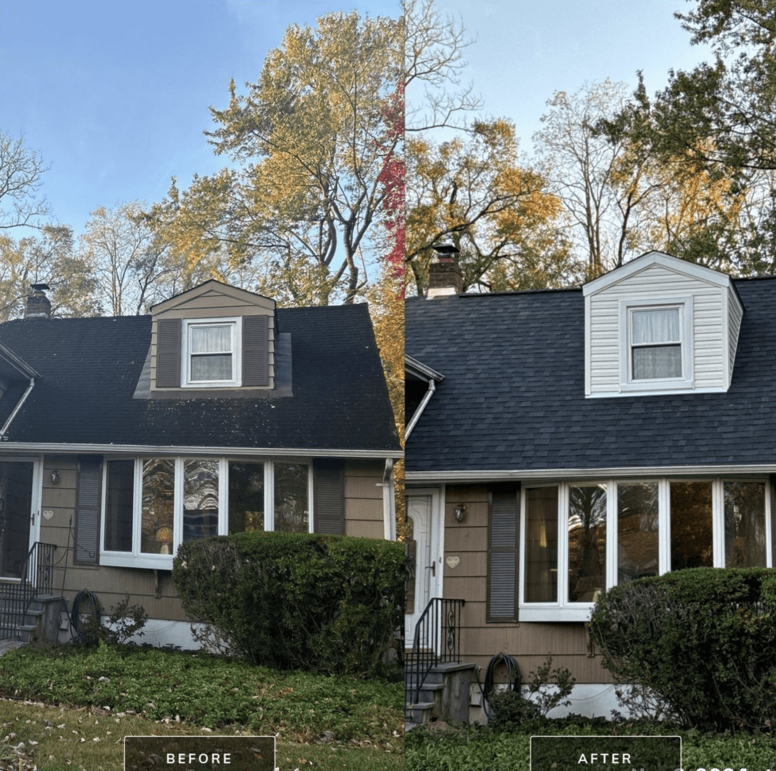 Before and after images of a roof installation, showcasing enhanced curb appeal and quality craftsmanship in New York.